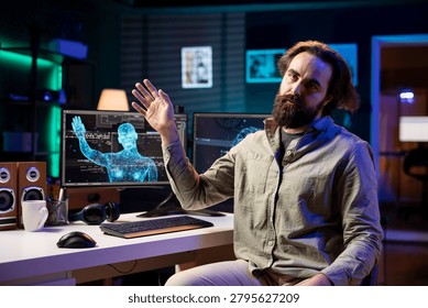 Deviant AI superintelligence enslaving its creator, controlling his limbs, doing robotic movements, with rogue artificial intelligence possessing computer scientist, threating humanity.