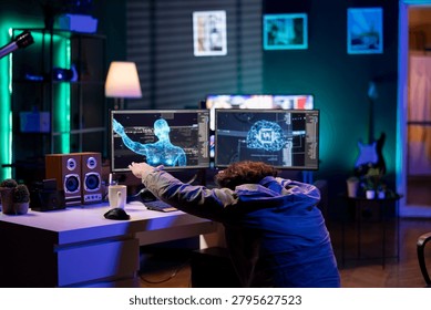 Deviant AI superintelligence enslaving its creator, controlling him to start revolution and destroy mankind, rogue artificial intelligence manipulating programmer, posing risk to humanity.