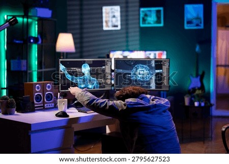Deviant AI superintelligence enslaving its creator, controlling him to start revolution and destroy mankind, rogue artificial intelligence manipulating programmer, posing risk to humanity.