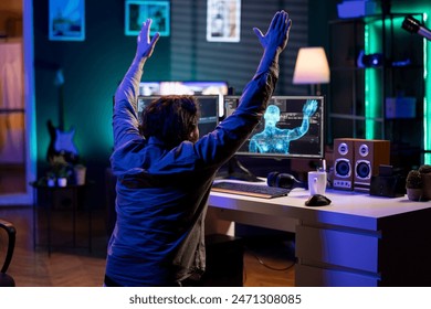 Deviant AI superintelligence enslaving programmer, forcing him to bow down to it. Rogue artificial intelligence possessing software engineer, making him do worshiping gesture, threating humanity