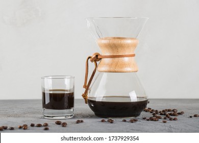 A device for brewing coffee using a filter. Close up on the table.