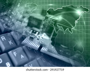 Device, keyboard and map - abstract computer background in greens and blues.