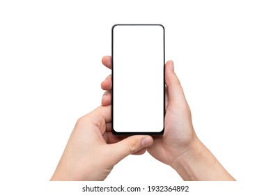 Device mockup, mobile isolated on white. Modern smartphone in hands - Shutterstock ID 1932364892
