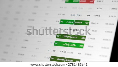 Device screen with Bid and Ask prices, buying, selling, stock market and exchange. Trading, investment, financial market, data, risk, volatility.