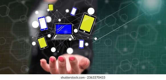 Devices connection concept above the hand of a woman in background - Shutterstock ID 2363370433