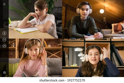 Devices. Group Of Kids, Class Studying By Group Video Call, Use Video Conference With Each Other. PC Screen View With Application Ad. Easy, Comfortable Usage Concept, Education, Online, Childhood.