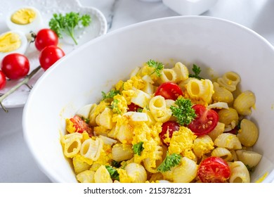 Deviled Egg Pasta Salad. Selective Focus, Blurred Background. Italian Food. Breakfast