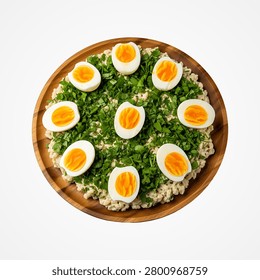 Deviled eggs and chopped parsley on a wooden plate