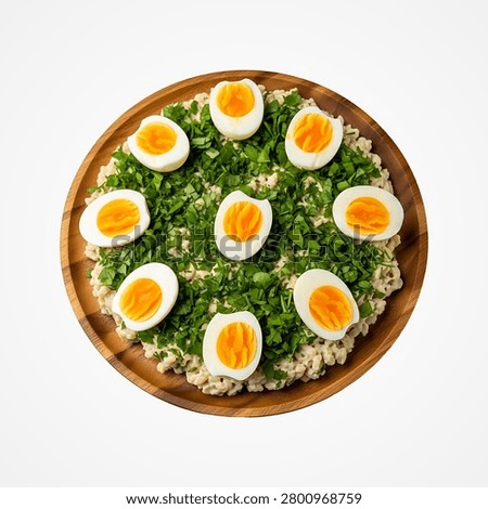 Deviled eggs and chopped parsley on a wooden plate