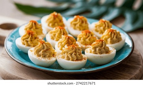 Приготовленные с пряностями яйца: классическая закуска, вяленые яйца, яйца вкрутую, кремовый желток, паприка, брызги, голубая тарелка, еда для пальцев, закуска для вечеринки, винтажный стиль, элегантное покрытие, гладкая текстура, вкусный, приятный для публики