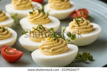 Deviled Eggs: Hard-boiled egg halves with a creamy filling made from the yolks, mayonnaise, and mustard, creating a tasty appetizer or snack.