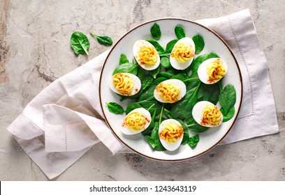 Deviled Eggs With Paprika As An Appetizer, Top View