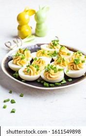 Deviled Eggs In Rustic Ceramic Plate, Easter Party Snack, Close Up