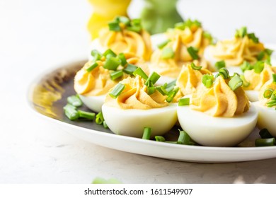 Deviled Eggs In Rustic Ceramic Plate, Easter Party Snack, Close Up