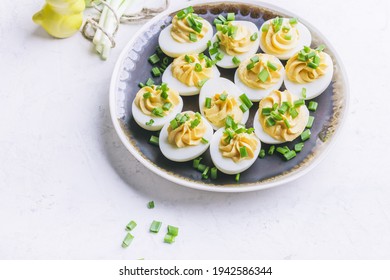 Deviled Eggs In Rustic Ceramic Plate, Easter Brunch Snack, Close Up