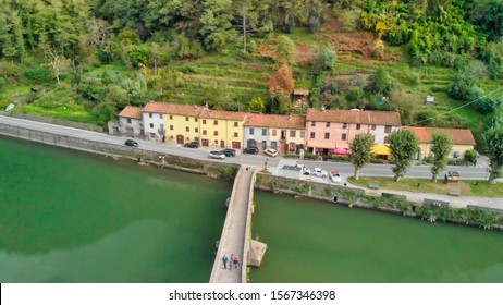 Devils Bridge aerial view in Lucca - Tuscany. Ponte della Maddalena from above.