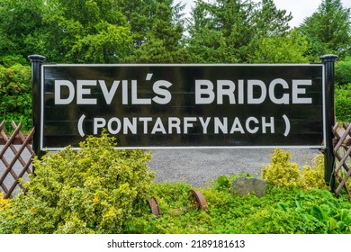 DEVIL'S BRIDGE, WALES - JULY 06, 2022: Devil's Bridge sign on the platform at the train station