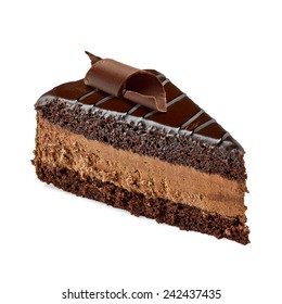 Devil's Cake Slice With Chocolate Curl On White Background Including Clipping Path