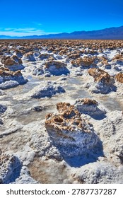 Devil's Golfcourse Salt Formations and Distant Mountains Under Clear Blue Sky