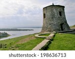 Devils Tower Mound in Elabuga summer against the sky, the river and the city on the horizon