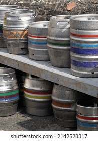 DEVON, ENGLAND - APRIL 2 2022: Beer Casks, Kegs Outside Pub. UK.