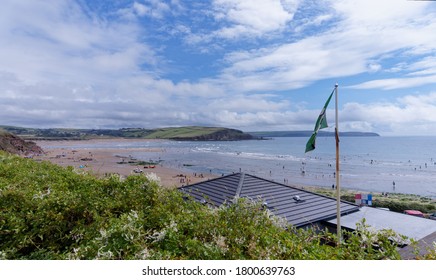 Devon / UK - AUG 18, 2020: Bigbury On Sea Beach In South Devon. People Enjoying Summer Holidays.