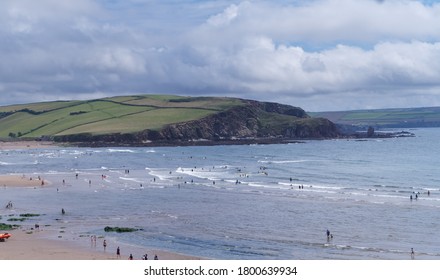 Devon / UK - AUG 18, 2020: Bigbury On Sea Beach In South Devon. People Enjoying Summer Holidays.