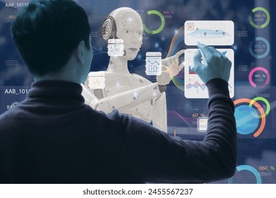 DevOps AI Machine learning Science artificial intelligence digital technologies of futuristic, man and robot working on data of Global network connection, Internet and digital technology
