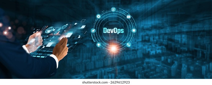DevOps: Businessman holding virtual interface panel of digital device on global networking, continuous integration, automation, collaboration, software development, and DevOps technology in futuristic
