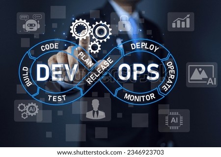 Devops concept. Data engineer or programmer pointing on devops cycle. IT operations, high software quality and software development. Agile programming development.