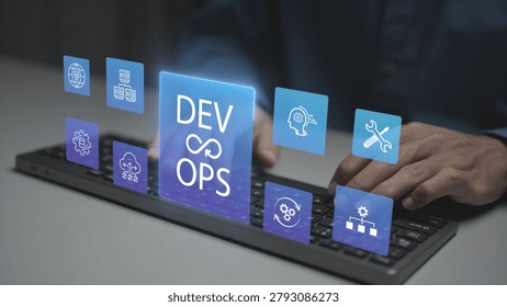 DevOps concept. Person typing keyboard with DevOps and automation icons, continuous integration, continuous deployment, software development and IT operations.
