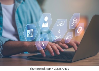 DevOps concept, software development, IT operations, agile programming, Concept with dev ops icon on computer screen and project manager, coder or sysadmin typing on keyboard, high software quality