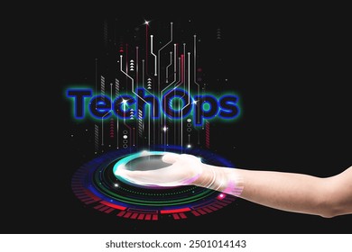 DevOps concept, software development, IT operations, agile programming, Concept with dev ops icon on computer screen and project manager, coder or sysadmin typing on keyboard, high software quality