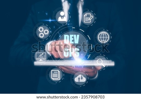 DevOps concept, software development and IT operations, agile programming engineer using computer keyboard and tech icons in agile methodology environment, coder or sysadmin working with system