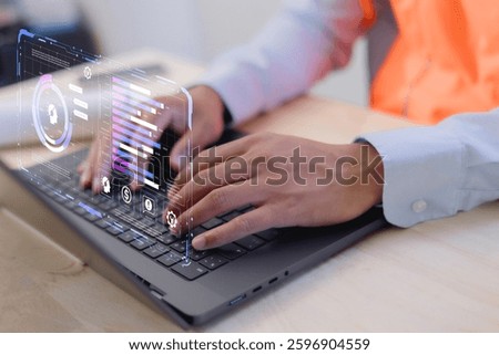 DevOps concept, software development, IT operations, agile programming, Concept with dev ops icon on computer screen and project manager, coder or sysadmin typing on keyboard, high software quality.	
