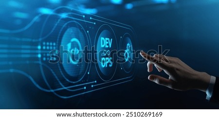 DevOps Dev Ops software development concept. Human Hand Touching Futuristic Virtual Screen with digital icon