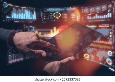 DevOps engineer in Digital transformation technology strategy of business processes, optimize and automate operations, customer service management, man use digital tablet analysing data chart