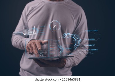 DevOps engineer in Digital transformation technology strategy business processes data, optimize and automate operation, customer service management, Man using digital tablet work with data chart