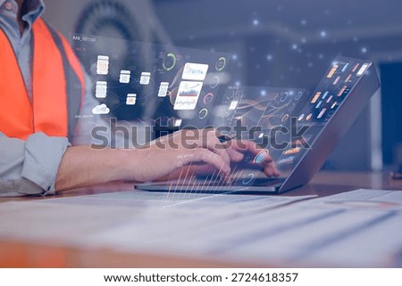 DevOps engineer in Digital transformation technology strategy of business processes and data, Engineer wearing safety vest typing on computer laptop working with ai technology diagram.