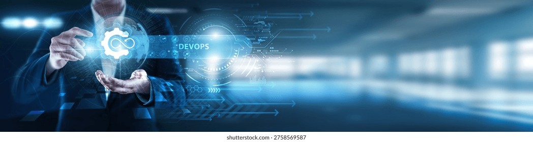 DevOps engineer holding collaborative global industry, continuous integration, automated deployment, infrastructure management, agile practices, system monitoring, cloud orchestration