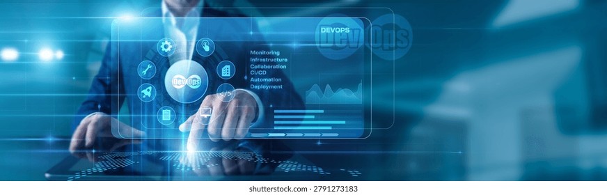 DevOps Engineer touching the tablet using DevOps, displayed diagrams and graphs with icons of CICD, deployment, system integration across the world map.