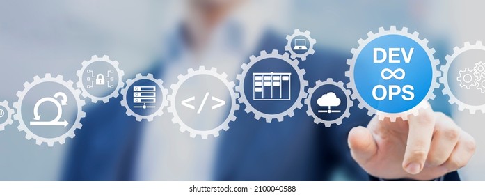 DevOps Engineer Working On Software Development And IT Operations With Icons Of Agile Methodology, Sysadmin, Network Security, Automated Deployment Process, Coding, And Cloud Computing With Gears.