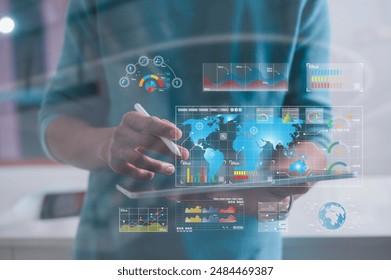 DevOps report Data analysis concept, software development, IT operations, agile programming with devops global network icon on, man using pen and digital tablet analytic system network