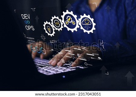 devops software developer IT operation engineer work with agile programer development concept with dev ops icon computer screen project manager operation sysadmin typing on keyboard. Gear process flow