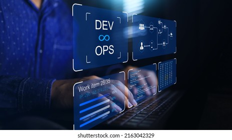 DevOps software development IT operation engineer work with agile gestures as programer development concept with dev and ops icon computer screen project manager operation sysadmin typing on keyboard