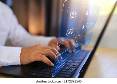 DevOps Software Development IT Operation Engineer Work With Agile Gestures As Programer Development Concept With Dev And Ops Icon Computer Screen Project Manager Operation Sysadmin Typing On Keyboard