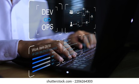 DevOps Software Development IT Operation Engineer Work With Agile Gestures As Programer Development Concept With Dev And Ops Icon Computer Screen Project Manager Operation Sysadmin Typing On Keyboard