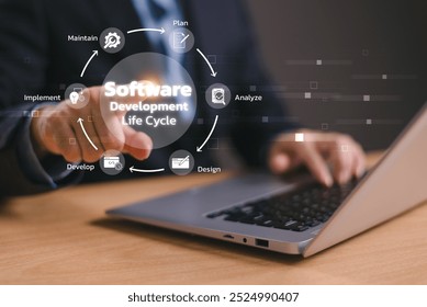 DevOps software development and IT operations concept. Business software engineer methodology process. Project agile methodology, dev ops icon. Businessman use computer development program technology