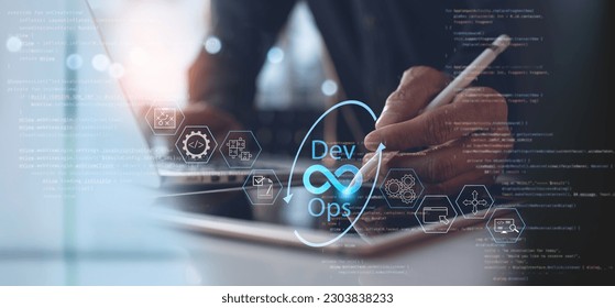 DevOps software development and IT operations, software engineer, project manager working in agile methodology, dev ops icon and javascript. Development Operations programming technology concept