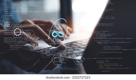 DevOps software development and IT operations, software engineer, project manager working in agile methodology, dev ops icon and javascript. Development Operations programming technology concept